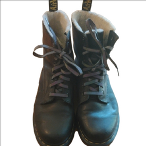 Doc Martens Size 8 Black Combat Moto Boots with Lace-Up Design.